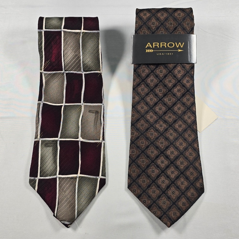 Arrow‎ Men's Silk Tie Lot of 2 Burgundy Gray Brown Geometric NWT